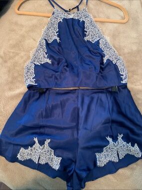Victoria's Secret Navy Satin Lace Cami Short Set